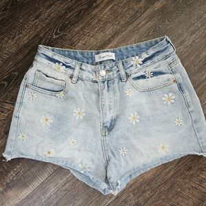 Angel Kiss Light Blue Jean Shorts with Daisy Flower Embroidery